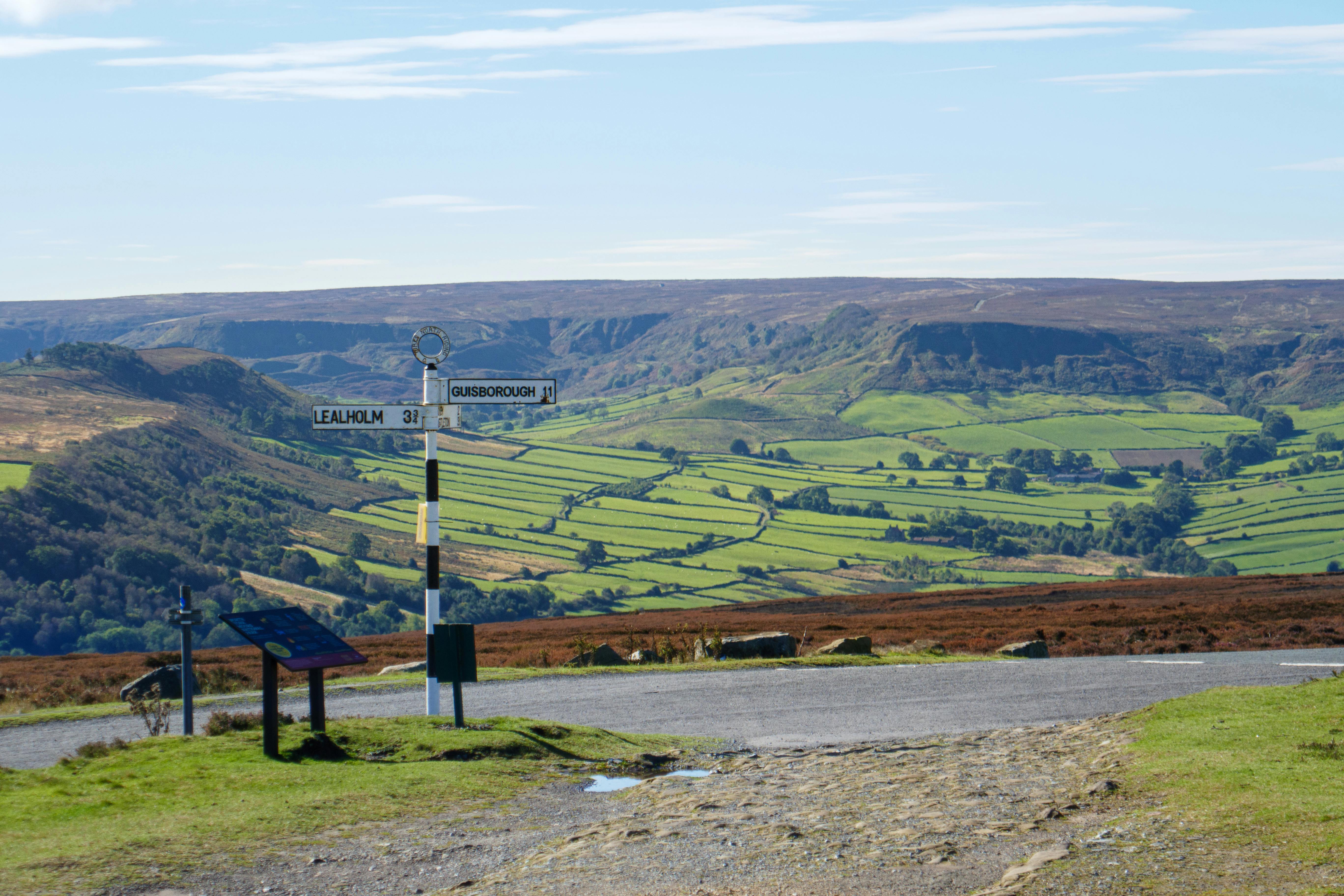 Fingerpost sign for Guisborough overlooking farmland and hills in the North York Moors